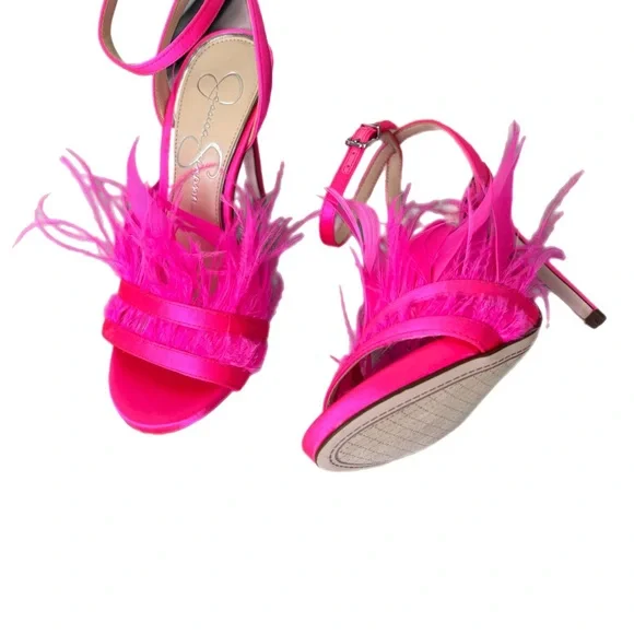 Jessica Simpson Raelin Neon Pink Feathered Strappy High Heels - Picture 5 of 8
